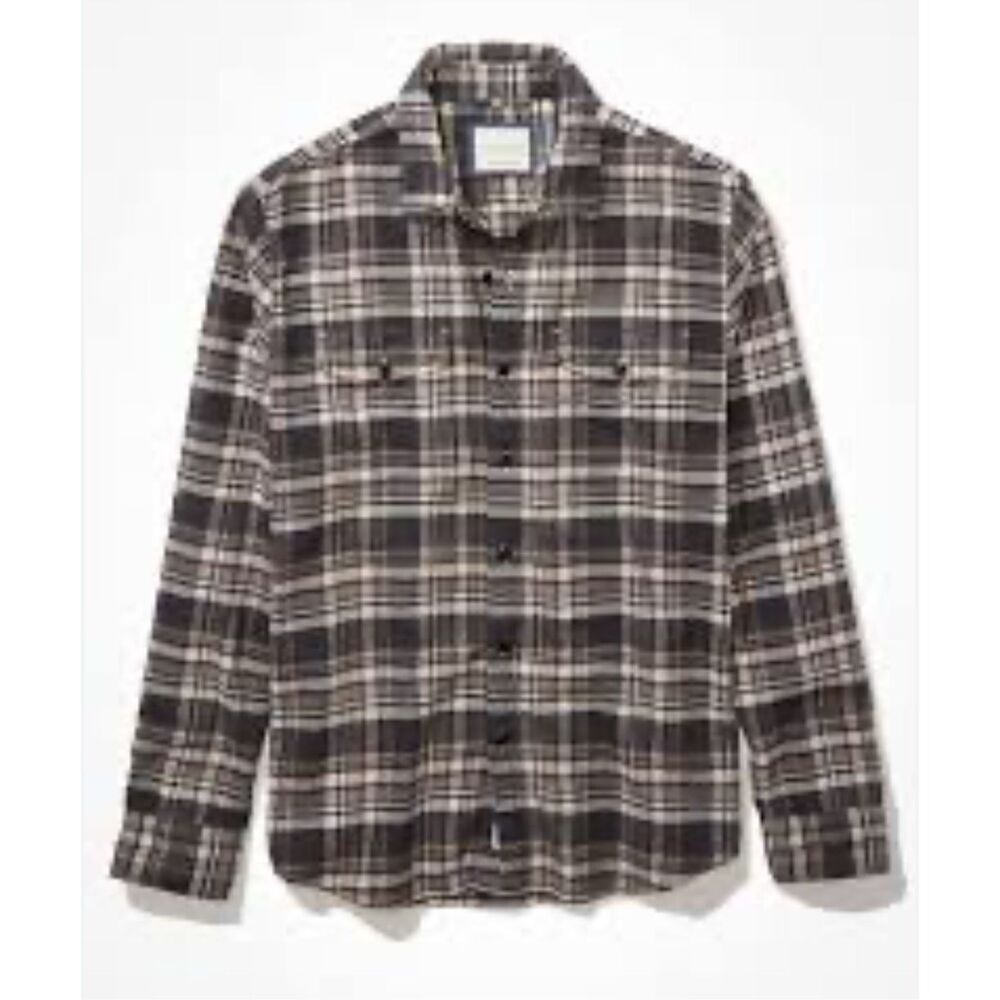 AE American Eagle Super Soft Flannel Plaid Shirt Button Down Gray Size Large